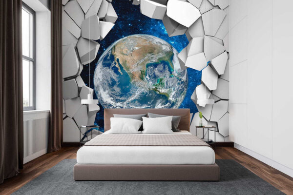 Planeta Terra a passar por um buraco na parede Planeta Terra a passar por um buraco na parede