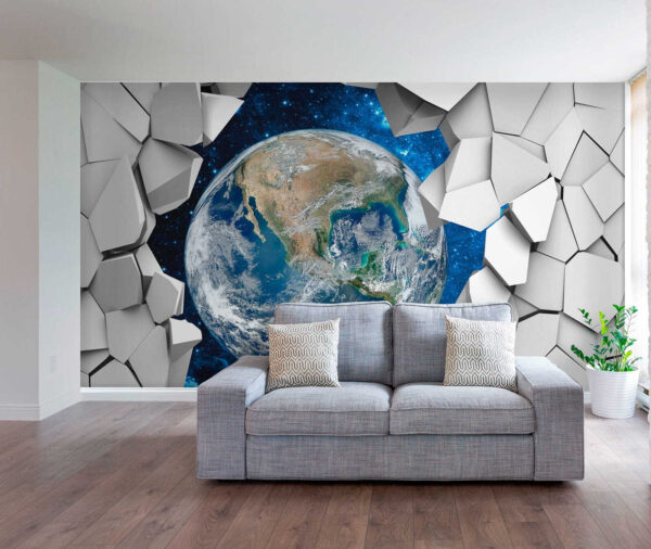 Planeta Terra a passar por um buraco na parede Planeta Terra a passar por um buraco na parede