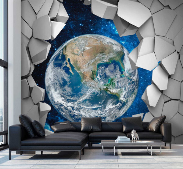 Planeta Terra a passar por um buraco na parede Planeta Terra a passar por um buraco na parede