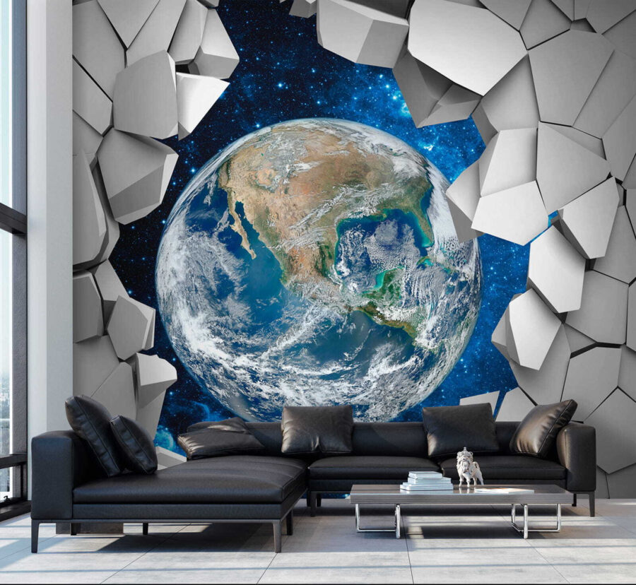 Planeta Terra a passar por um buraco na parede