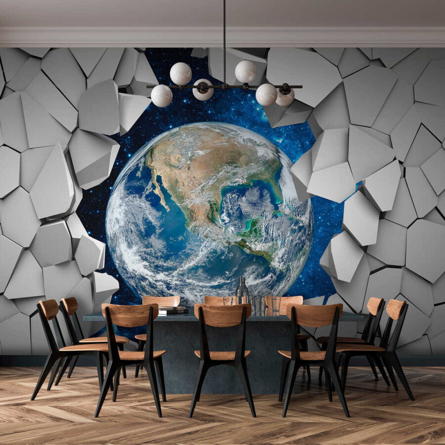 Planeta Terra a passar por um buraco na parede