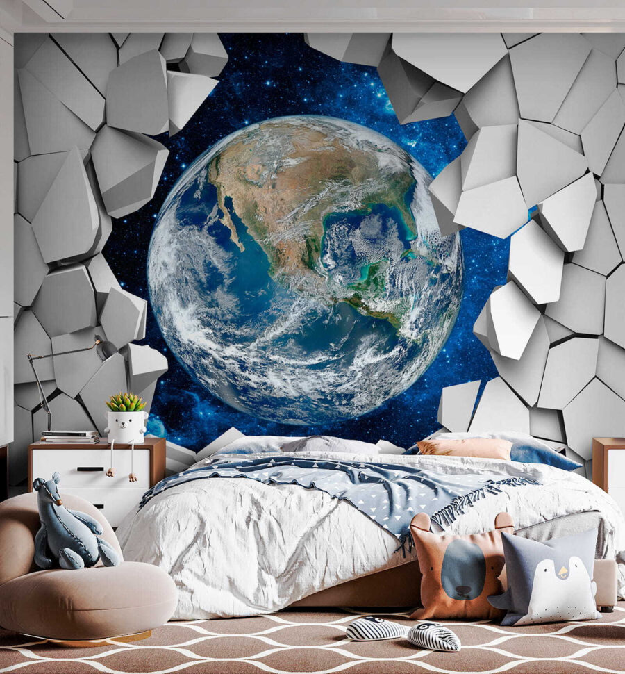 Planeta Terra a passar por um buraco na parede