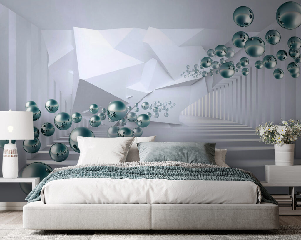 White room with white walls and white columns and silver balls White room with white walls and white columns and silver balls