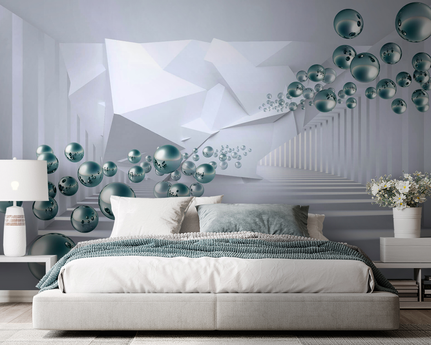 White room with white walls and white columns and silver balls White room with white walls and white columns and silver balls