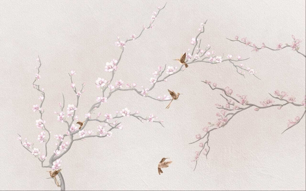 Pintura de um ramo de árvore com flores e pássaros Pintura de um ramo de árvore com flores e pássaros