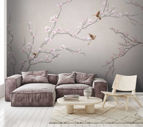 Pintura de um ramo de árvore com flores e pássaros Pintura de um ramo de árvore com flores e pássaros