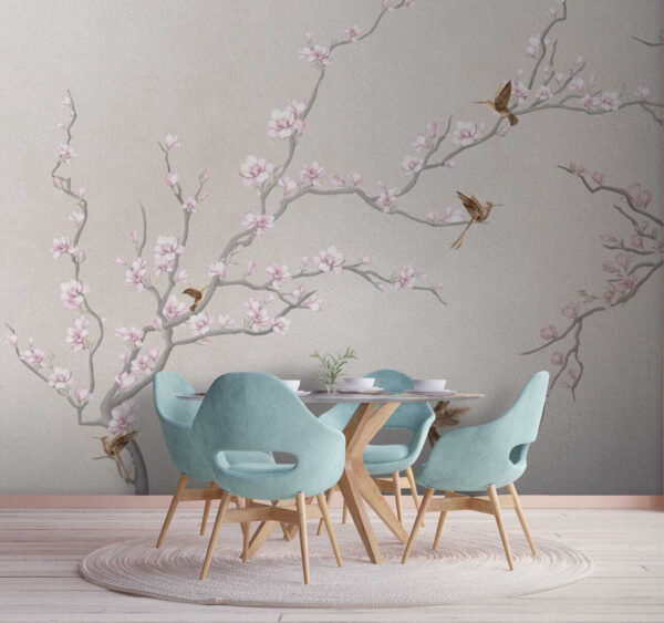 Pintura de um ramo de árvore com flores e pássaros Pintura de um ramo de árvore com flores e pássaros