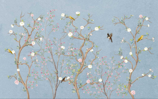 Mural de uma árvore com flores e pássaros Mural de uma árvore com flores e pássaros