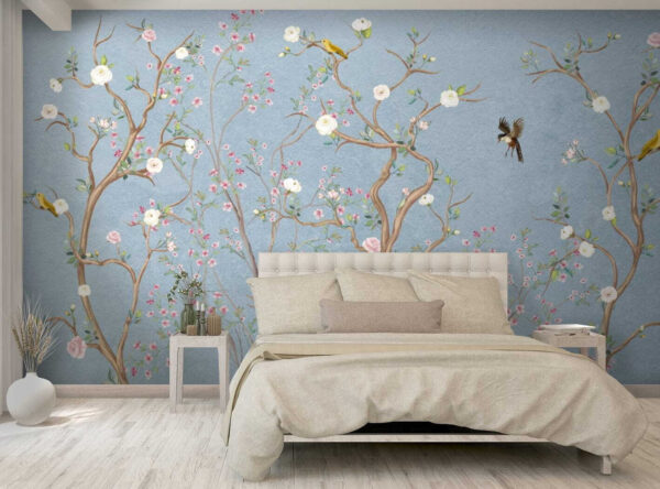 Mural de uma árvore com flores e pássaros Mural de uma árvore com flores e pássaros