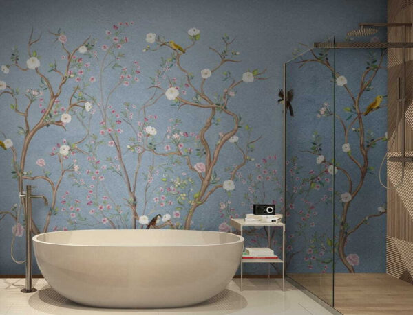 Mural de uma árvore com flores e pássaros Mural de uma árvore com flores e pássaros