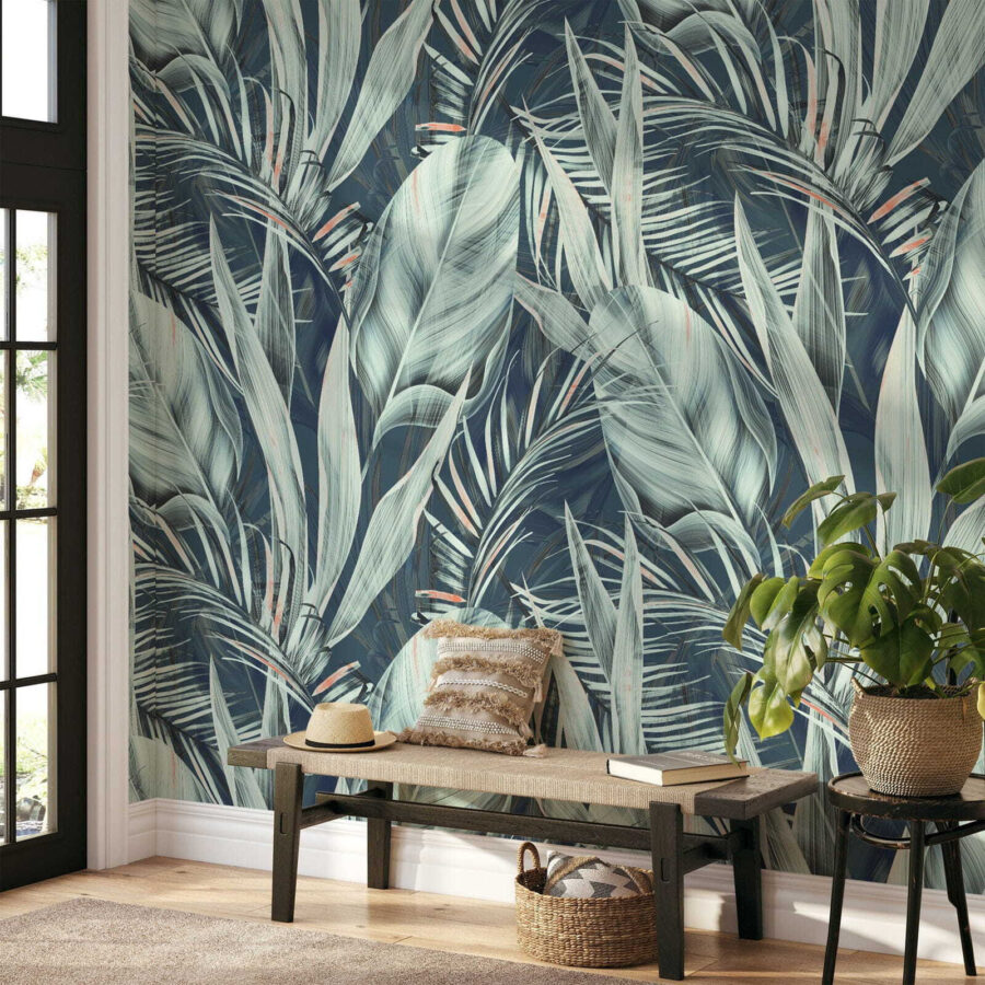 Papel de parede Folhagem tropical em cores serenas