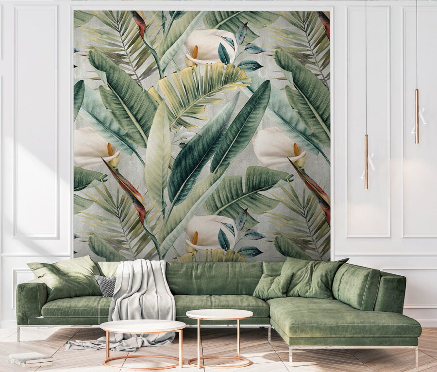 Papel de parede Padrão de folhas e flores verdes