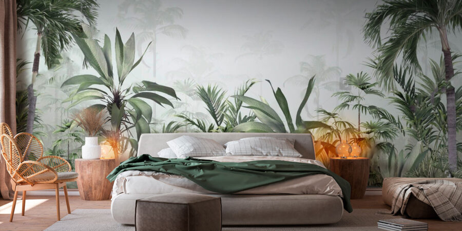 Grupo de plantas numa floresta com nevoeiro