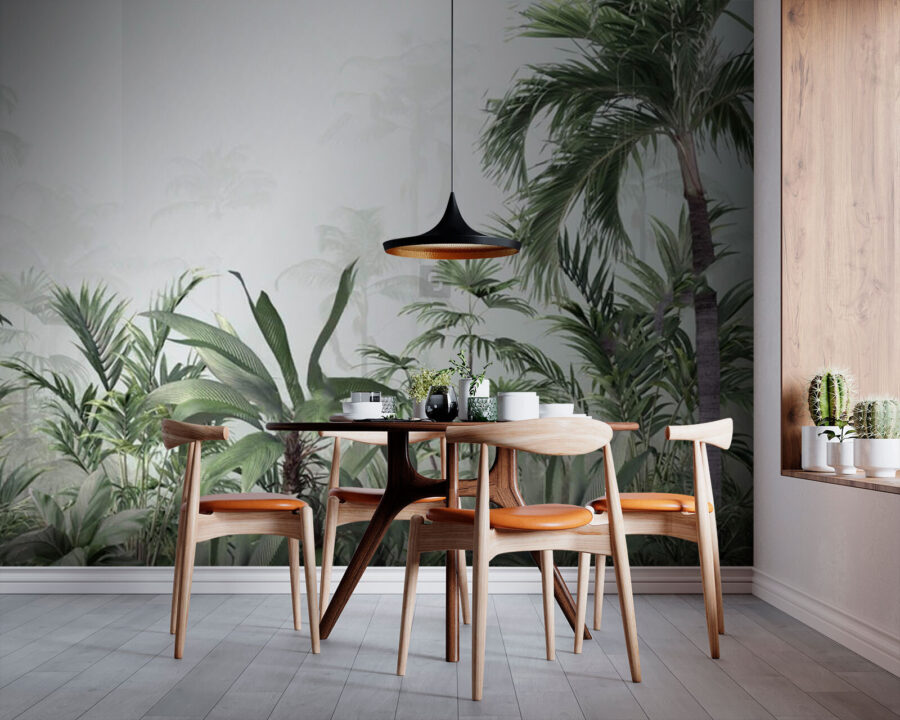 Grupo de plantas numa floresta com nevoeiro