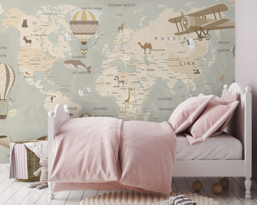 Papel de parede Mapa do mundo com aviões e balões de ar quente - Image 2