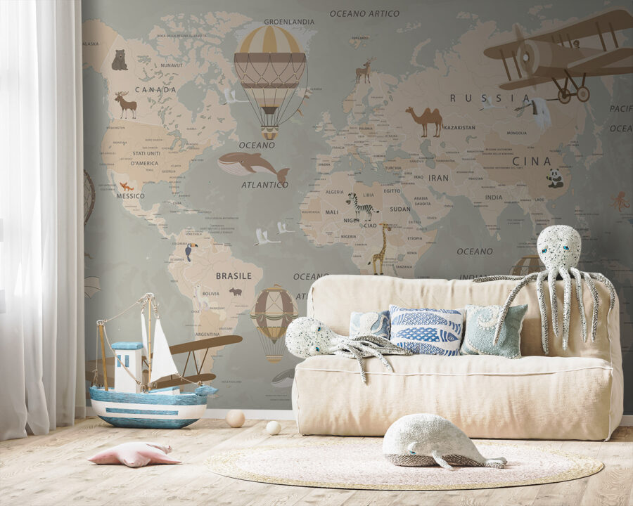 Papel de parede Mapa do mundo com aviões e balões de ar quente