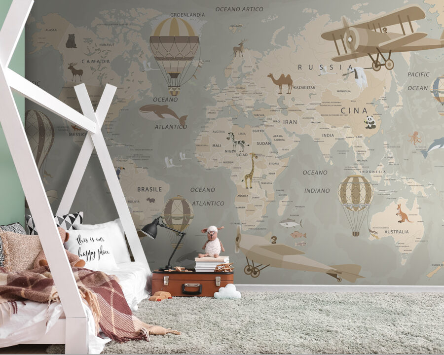 Papel de parede Mapa do mundo com aviões e balões de ar quente - Image 3