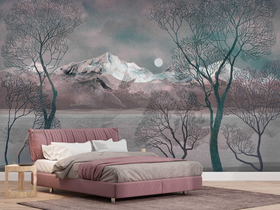 Papel de parede Paisagem com árvores e montanhas
