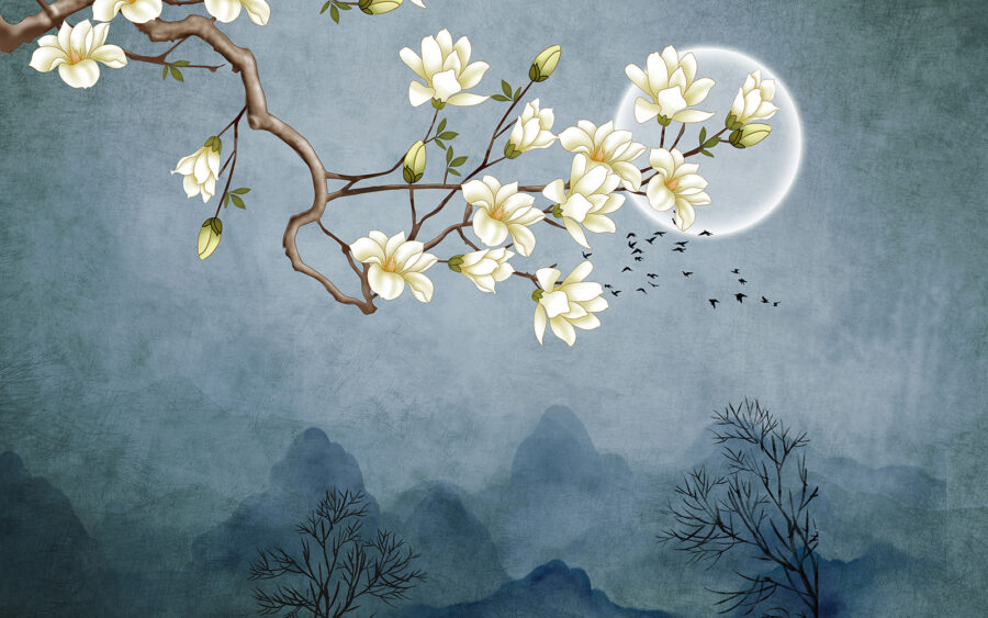 Pintura de um ramo de árvore com flores brancas