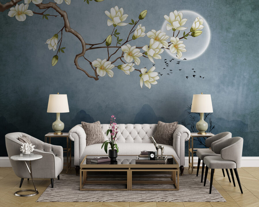 Pintura de um ramo de árvore com flores brancas