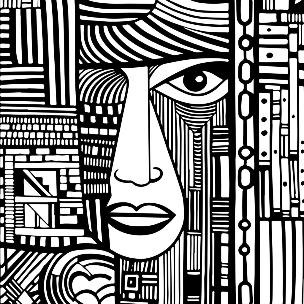 Um desenho a preto e branco de um rosto Um desenho a preto e branco de um rosto
