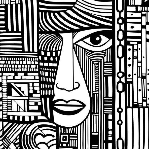 Um desenho a preto e branco de um rosto Um desenho a preto e branco de um rosto