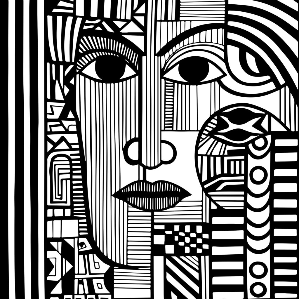 Um desenho a preto e branco de um rosto Um desenho a preto e branco de um rosto