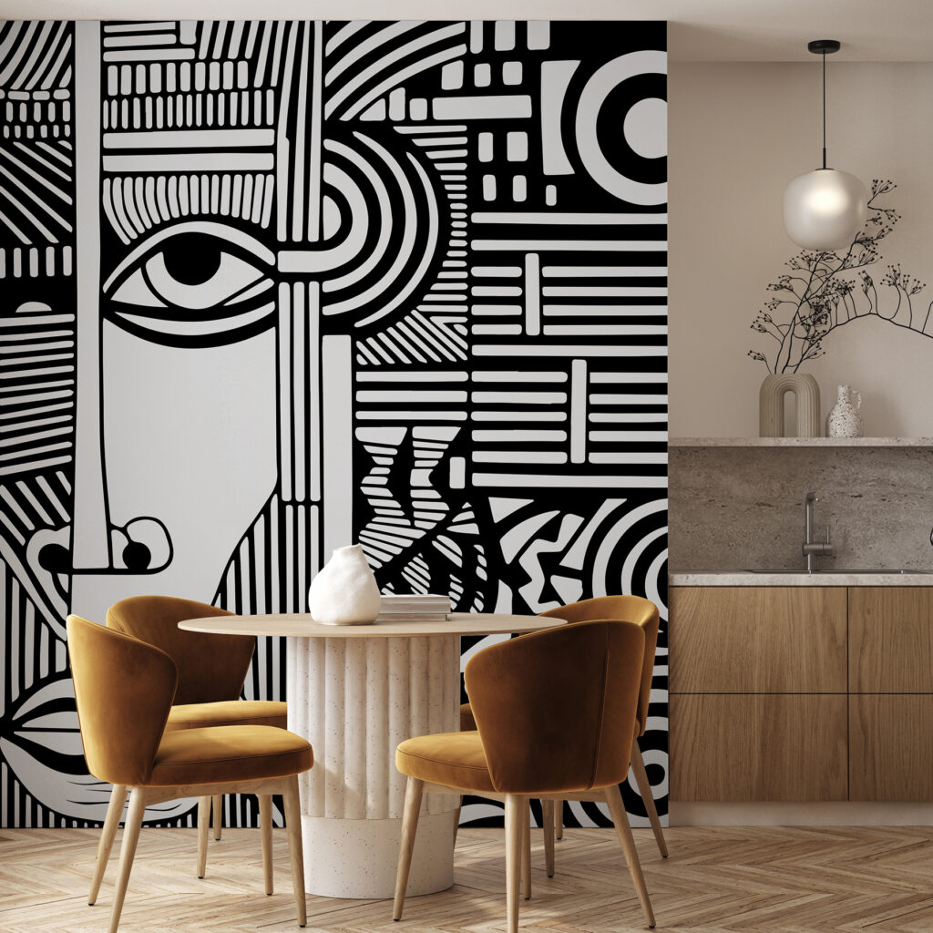 A black and white drawing of a face