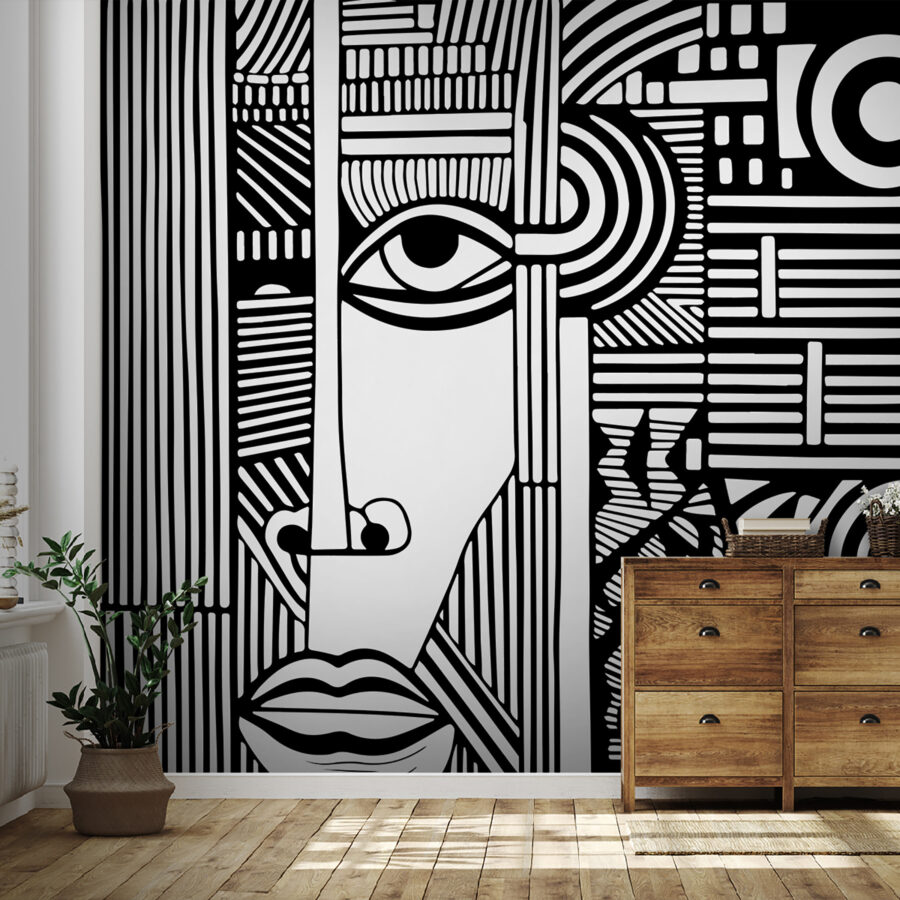Um desenho a preto e branco de um rosto