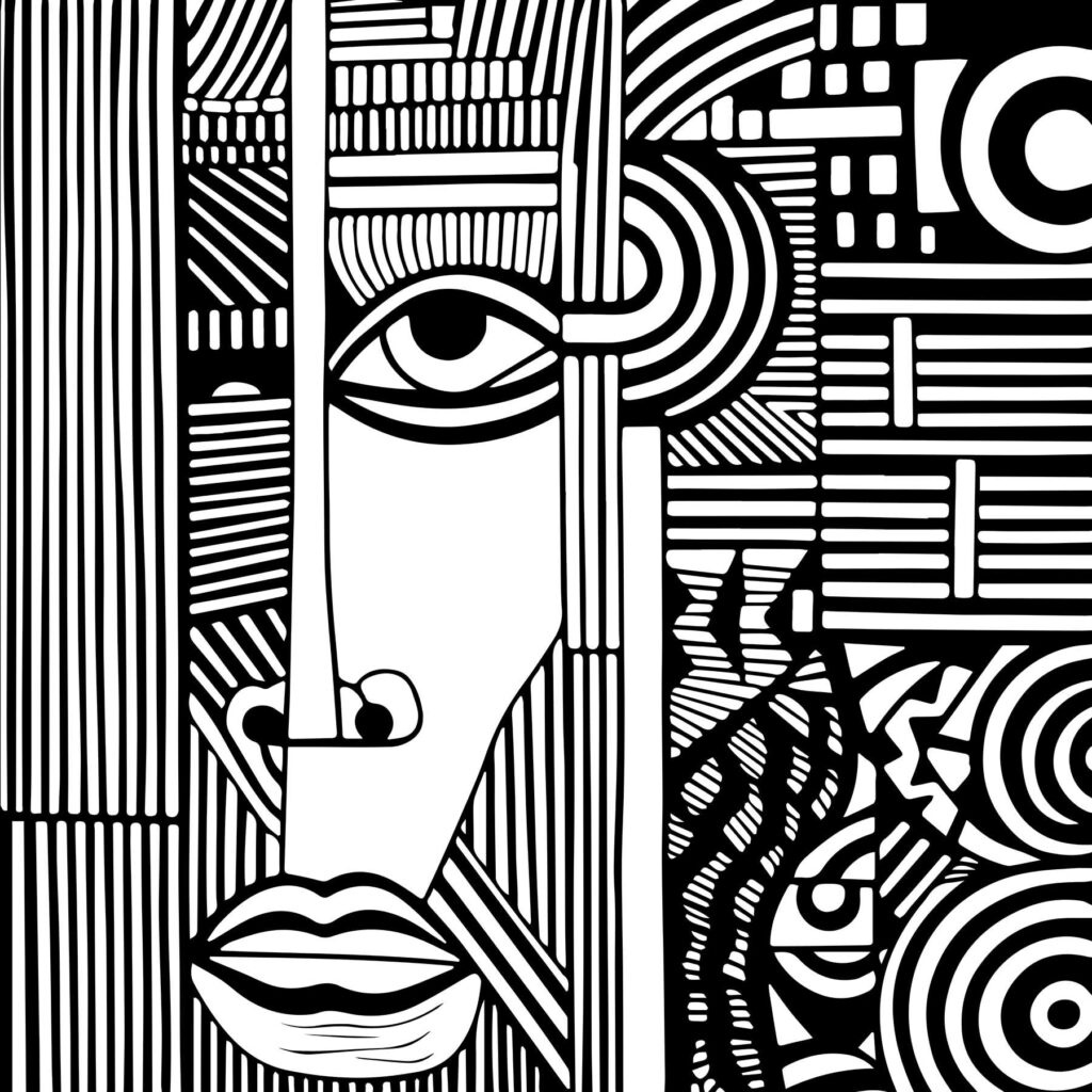 Um desenho a preto e branco de um rosto Um desenho a preto e branco de um rosto