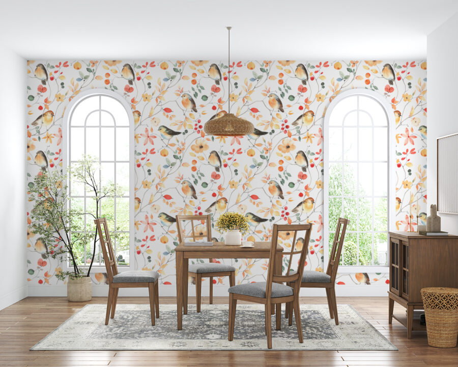 Um padrão de pássaros e flores