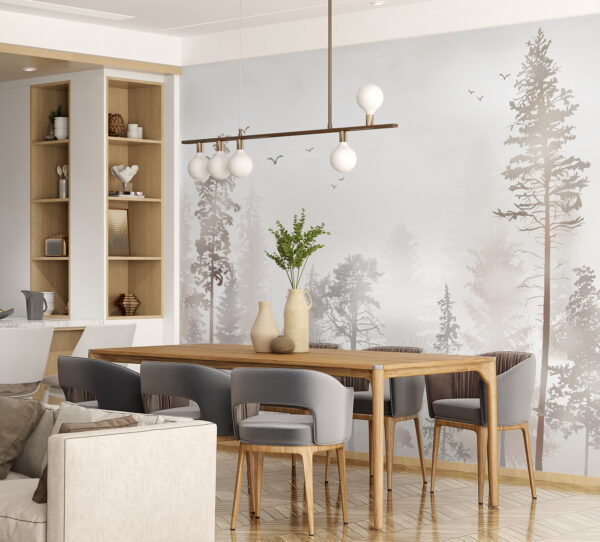 A group of trees in a foggy forest