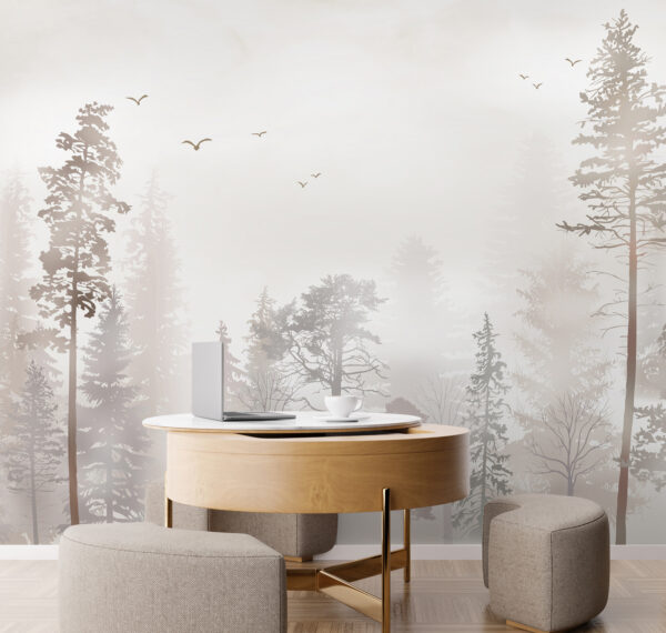 A group of trees in a foggy forest