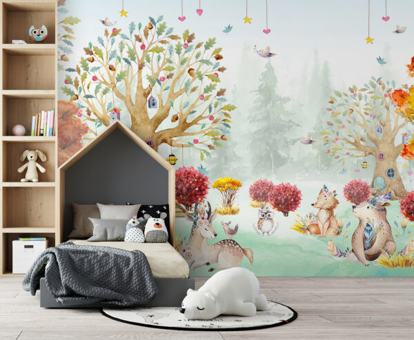 Papel de parede Papel de parede Uma aguarela de animais numa floresta (REF: u98499)