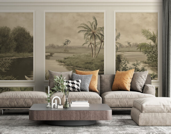 Uma parede com uma pintura de árvores e um rio Uma parede com uma pintura de árvores e um rio