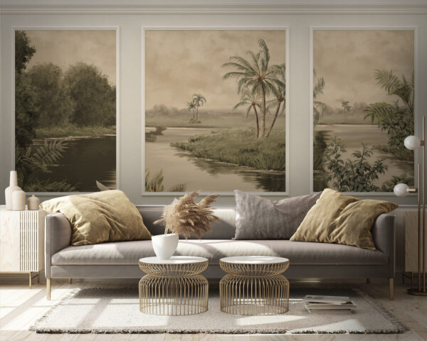 Uma parede com uma pintura de árvores e um rio Uma parede com uma pintura de árvores e um rio