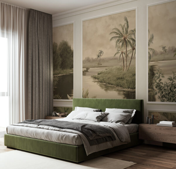 Uma parede com uma pintura de árvores e um rio Uma parede com uma pintura de árvores e um rio