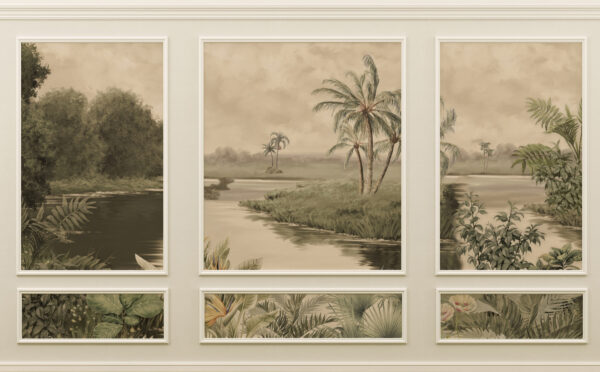 Uma parede com uma pintura de árvores e um rio Uma parede com uma pintura de árvores e um rio