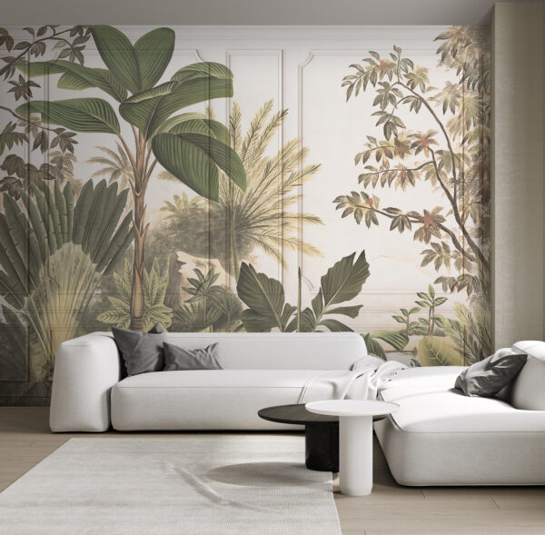 Um papel de parede com uma pintura de árvores e plantas Um papel de parede com uma pintura de árvores e plantas