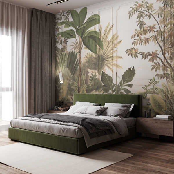 Um papel de parede com uma pintura de árvores e plantas Um papel de parede com uma pintura de árvores e plantas