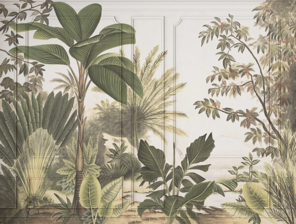 Um papel de parede com uma pintura de árvores e plantas Um papel de parede com uma pintura de árvores e plantas