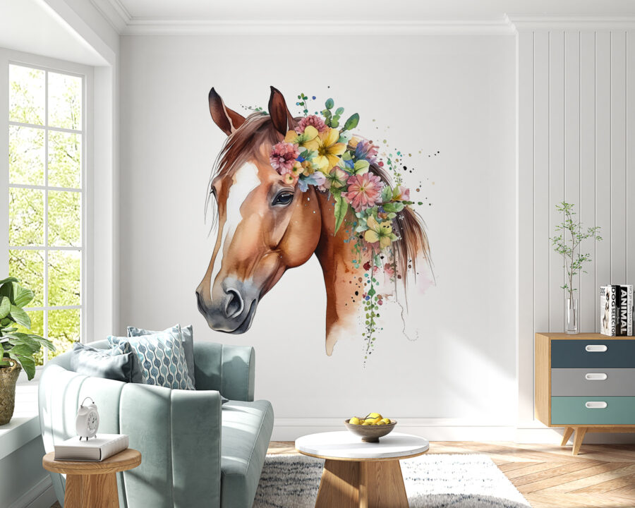 Aguarela de um cavalo com flores na cabeça