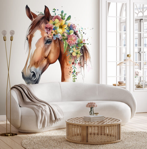 Aguarela de um cavalo com flores na cabeça Aguarela de um cavalo com flores na cabeça