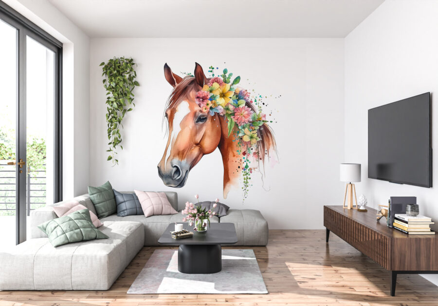 Aguarela de um cavalo com flores na cabeça