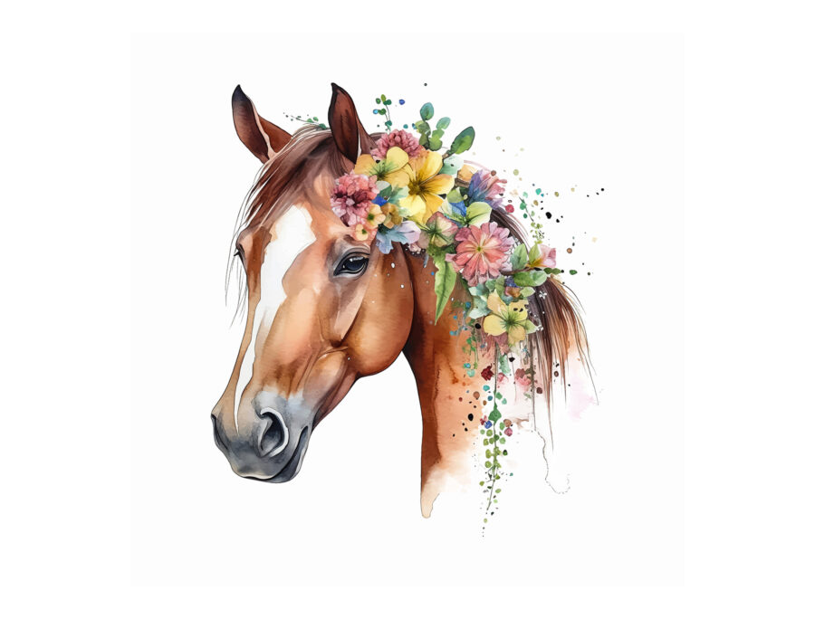 Aguarela de um cavalo com flores na cabeça