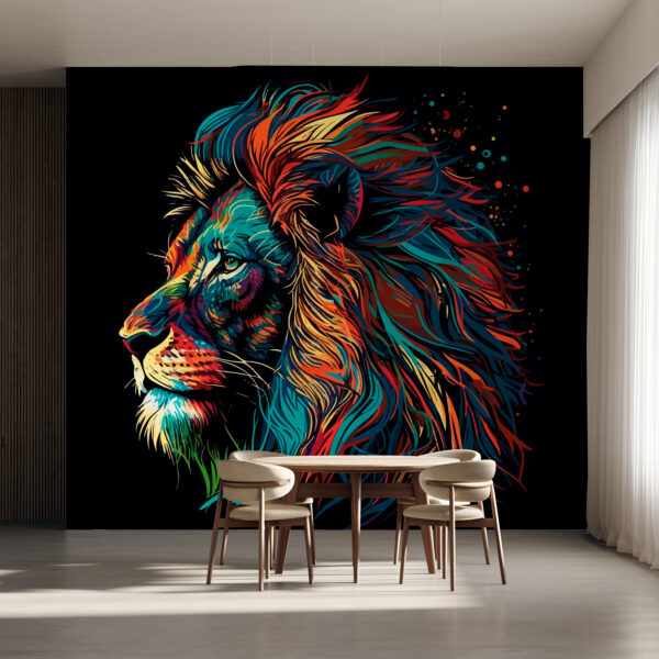 Um leão colorido com uma longa juba Um leão colorido com uma longa juba