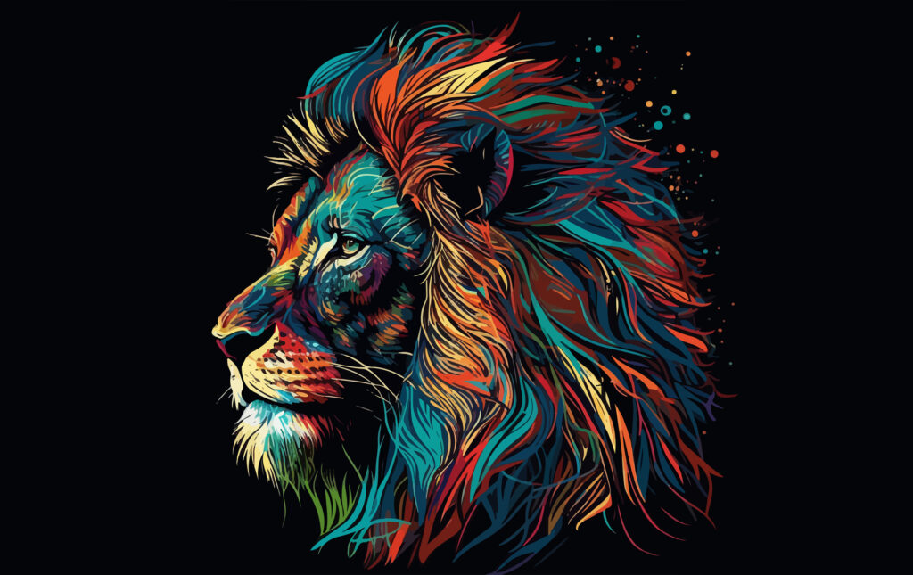 Um leão colorido com uma longa juba Um leão colorido com uma longa juba