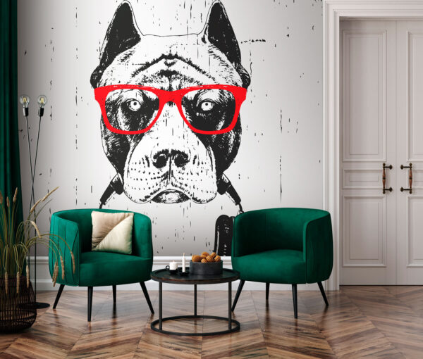 Um cão com óculos e auscultadores Um cão com óculos e auscultadores