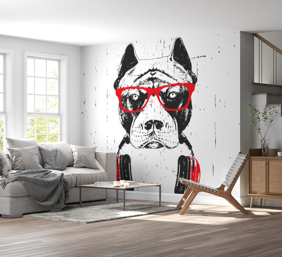 Um cão com óculos e auscultadores Um cão com óculos e auscultadores