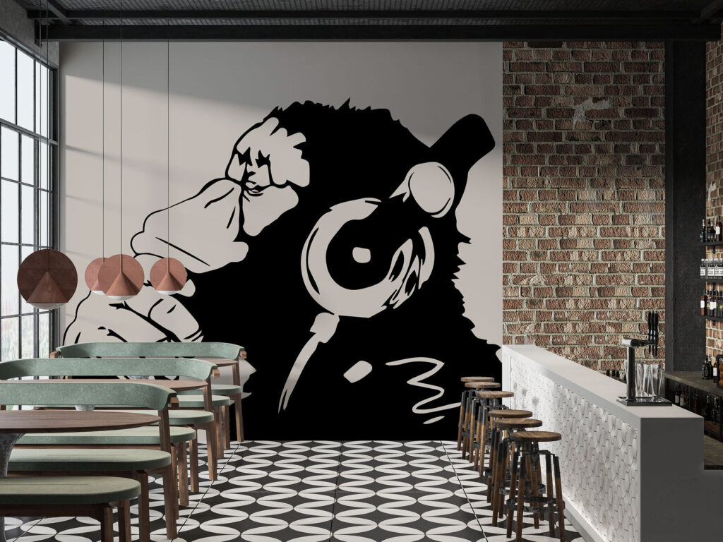 A monkey wearing headphones